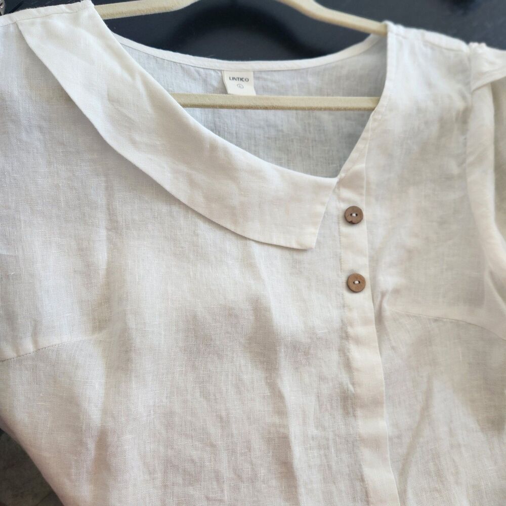 Lintico white 100% linen L short sleeve button detail coastal minimalist dainty - Picture 9 of 9